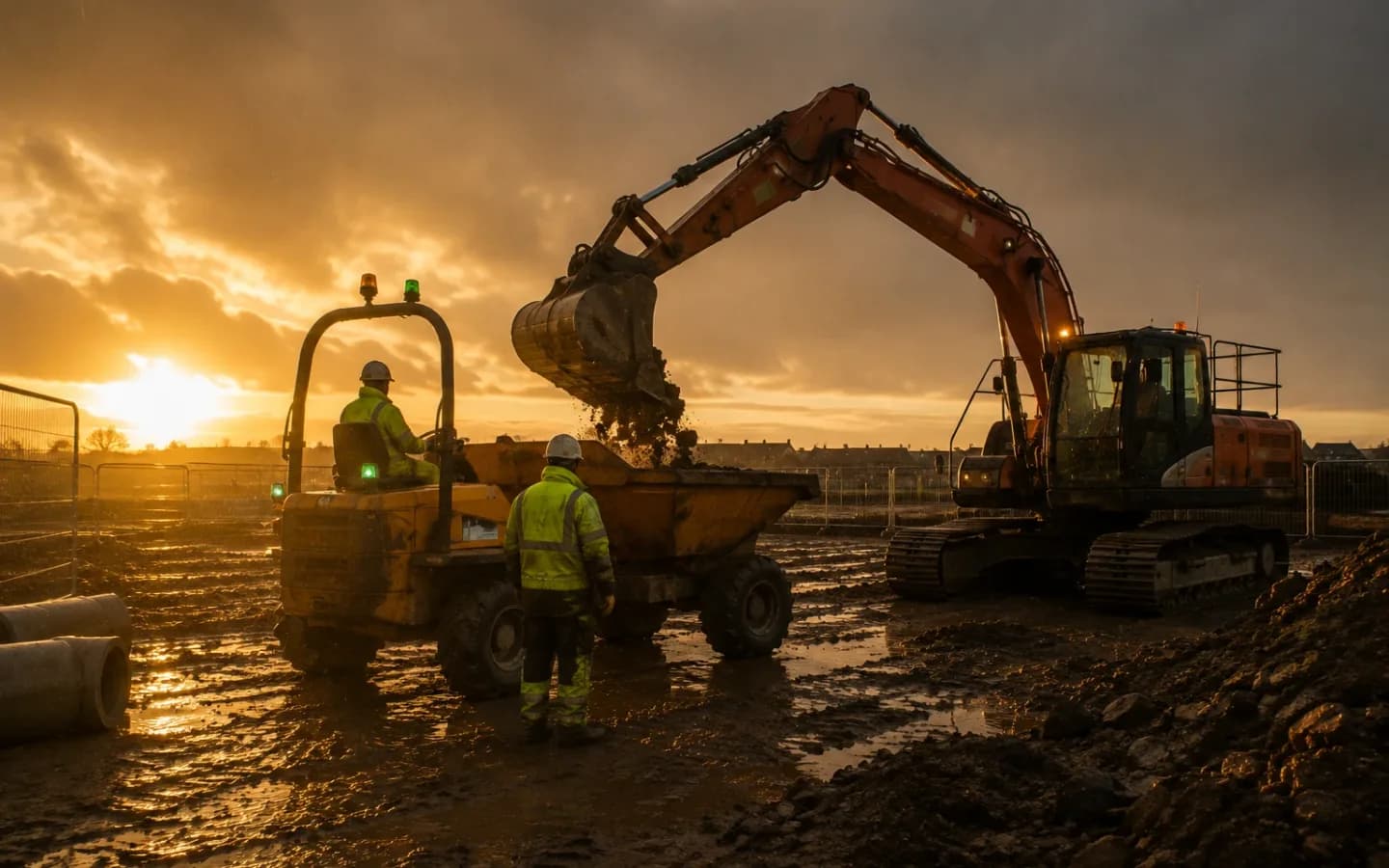 A UK construction site at dusk — the working day Site Chronicle exists to record.