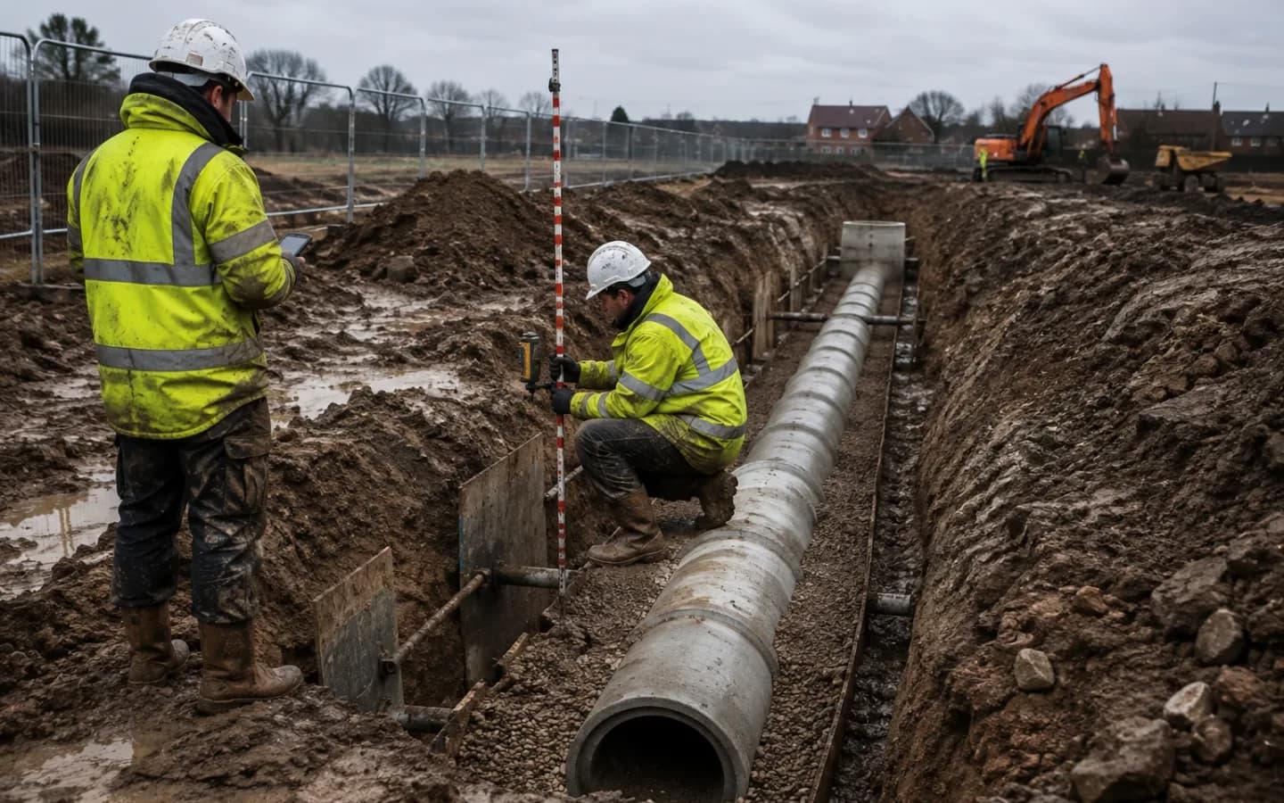 Groundworks crew laying a drainage pipe in a trench, recording as they go.