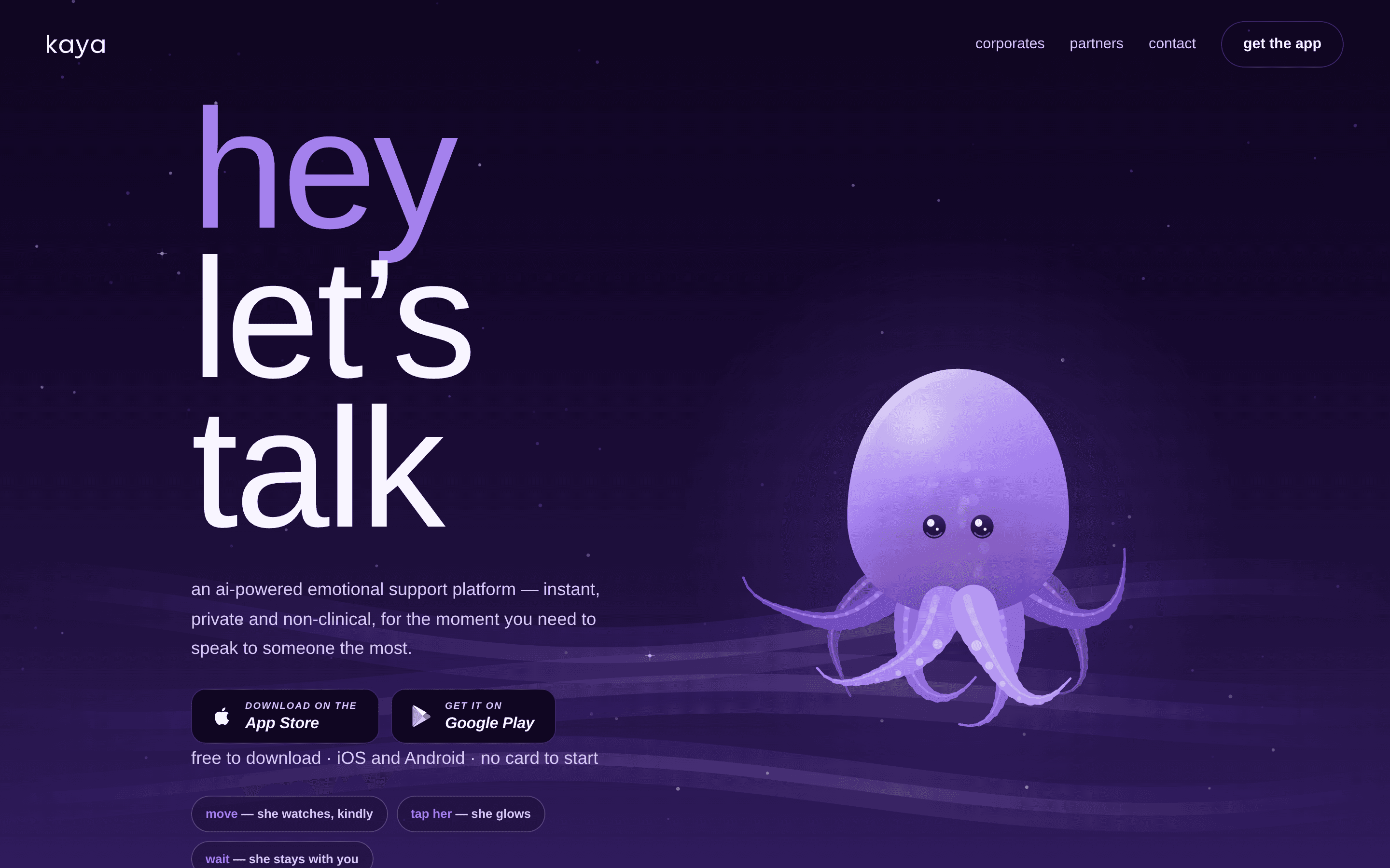 The Kaya draft site: the character animated in code against a deep purple night sky.