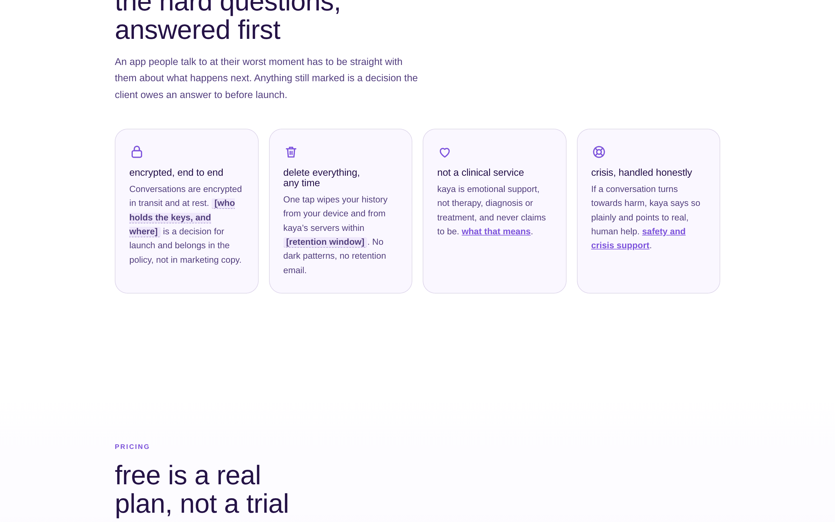 The draft site's trust section, answering encryption, deletion and clinical scope.